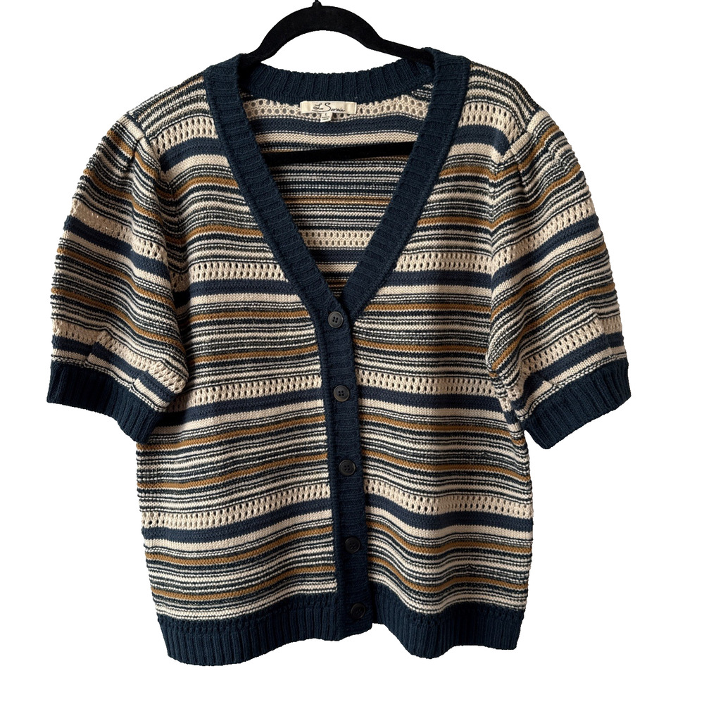 Le Serein Womens L Boho Colorful Stripe Metallic Knit Puff Sleeve Cardigan Retro